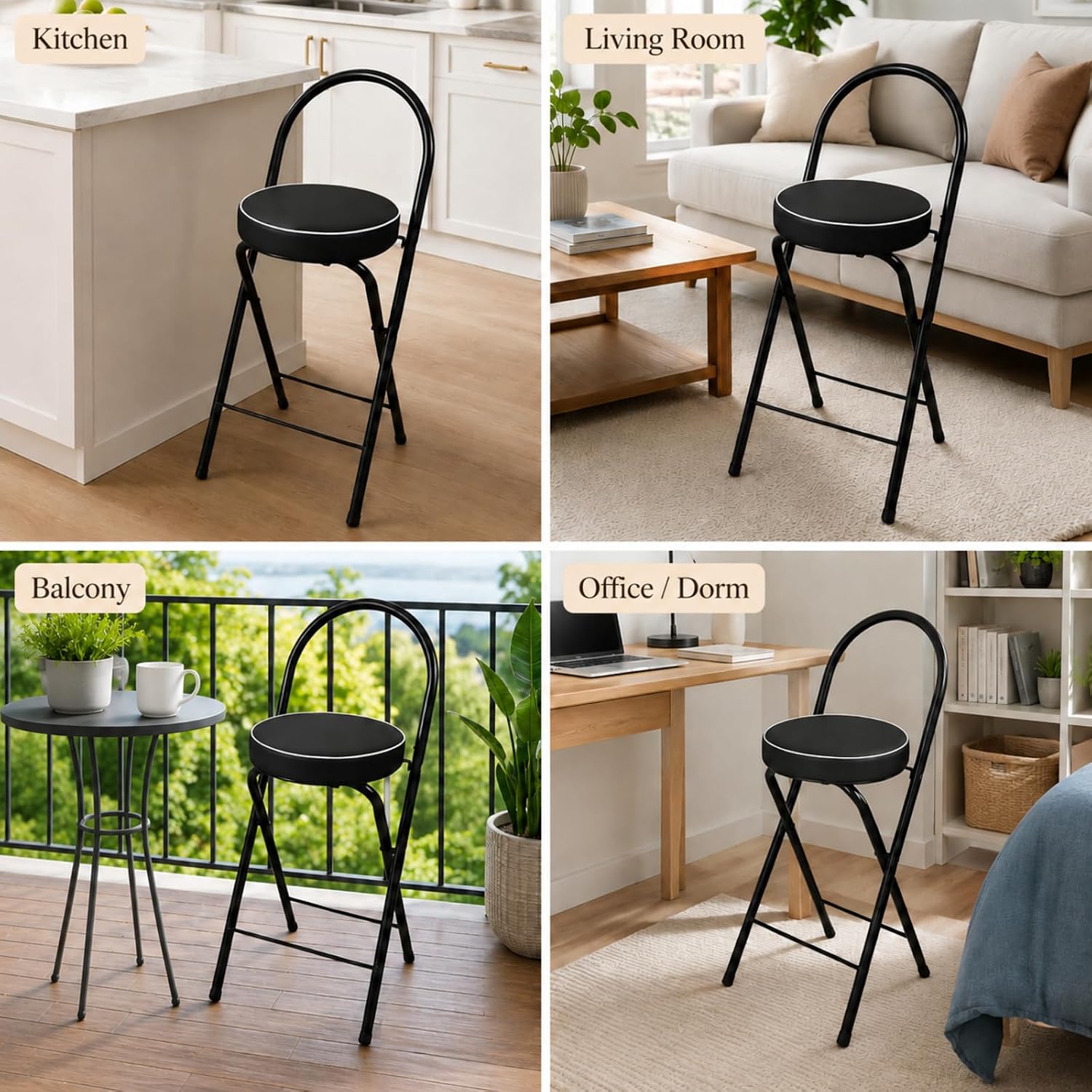 Folding Bar Stool with Backrest Counter Height Chair Padded Seat Cushion Space Saving Foldable Stool for Kitchen Island Extra Portable Indoor Seating(Black,25.6" Seat Height (65cm))