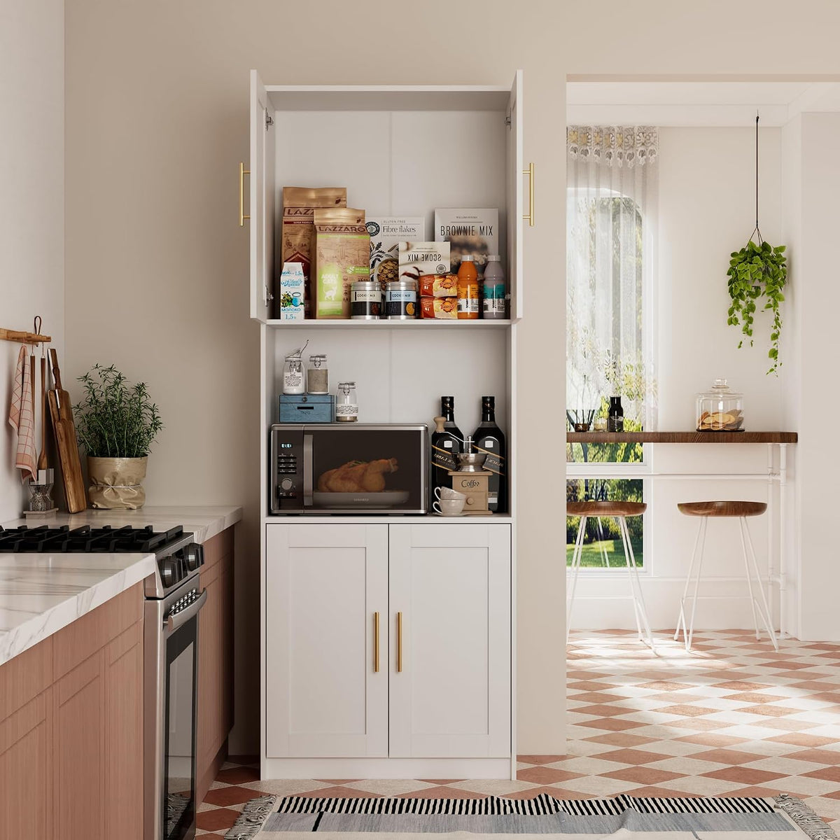 85" Kitchen Storage Cabinets,Corner Pantry Cabinet,Tall Bathroom Cabinet,Farmhouse Storage Cabinet with Countertops Suitable for Apartments/Dining Room/Small Spaces (2, White, 85" H)