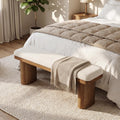 LITTLE TREE 47'' Boucle Upholstered Bench, Modern Solid Fir Entryway Bench with White Boucle Cushion, Farmhouse Wooden Ottoman for Dining Room, Bedroom, Living Room, Brown(Removable Cushion)