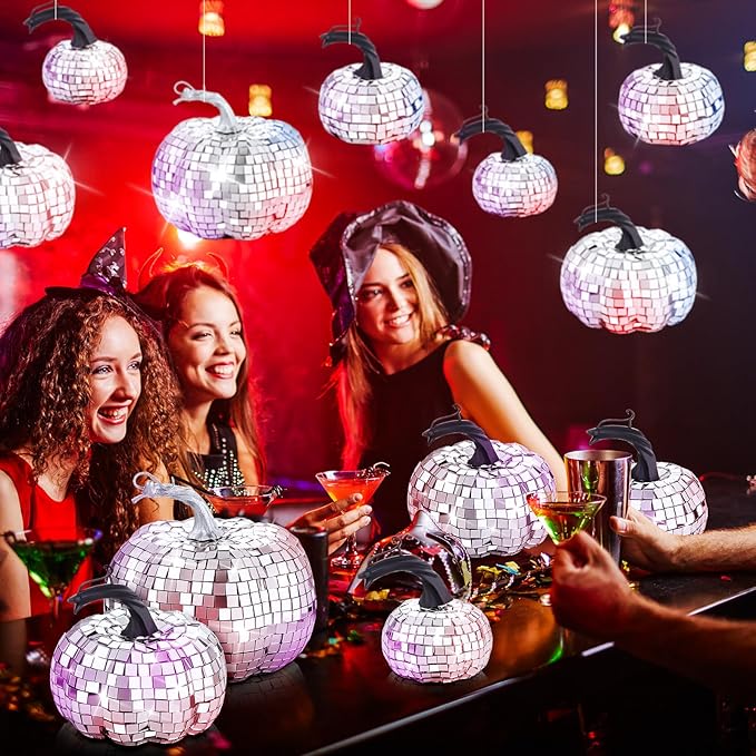Lenwen 12 Pcs Artificial Disco Pumpkin Glitter Mirror Pumpkin for Decorating Fall Farmhouse Hanging Ornament Harvest Decor for Halloween Thanksgiving Table Centerpiece(Sliver)