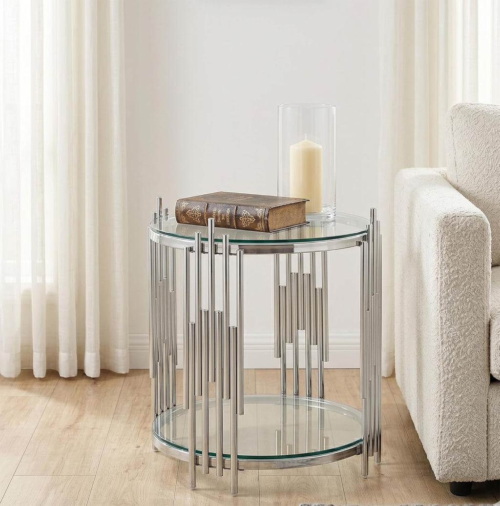 19.69” Round Glass End Table, 2-Tier Side Table with Clear Tempered Glass Top Silver Mirrored Stainless Steel Legs, Modern Luxury Nightstand Bedside Table with Lower Shelf for Living Room