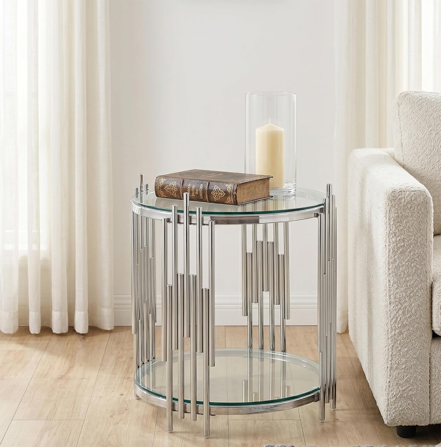19.69” Round Glass End Table, 2-Tier Side Table with Clear Tempered Glass Top Silver Mirrored Stainless Steel Legs, Modern Luxury Nightstand Bedside Table with Lower Shelf for Living Room