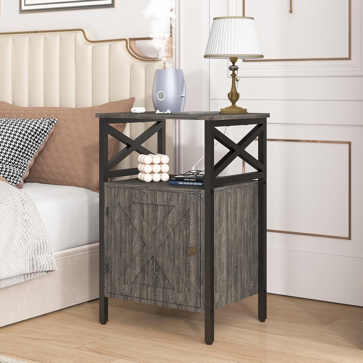End Table Set of 2 with Charging Station, Side Table with Power Outlet & USB Ports, Nightstand with 2 Tiers Storage Space and Storage Cabinet, Sofa Side Tables for Bedroom, Living Room,Office, Grey