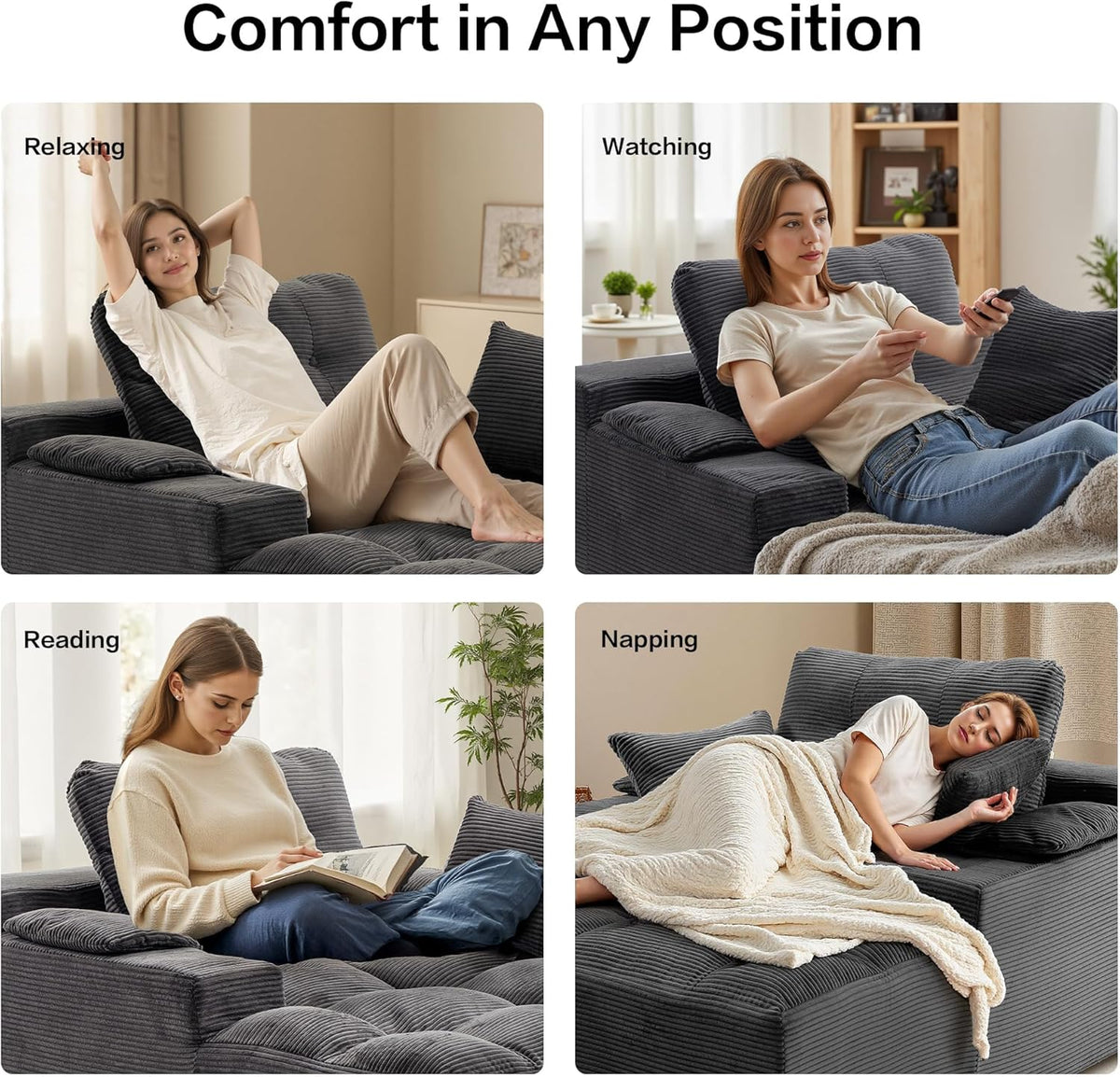 50" Oversized Chaise Lounge Chair Indoor, Plush Faux Fur Cloud Sofa Couch with Pillows, No Assembly Deep Seat Reading Chair Bed, Cozy Floor Couch for Living Room or Bedroom