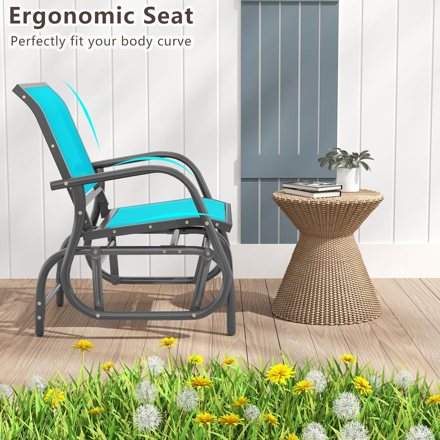 Giantex Swing Glider Chair W/Study Metal Frame Comfortable Patio Chair Love-Seat for Garden, Porch, Backyard, Poolside, Lawn Outdoor Rocking Chair (1, Turquoise)