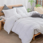 BESTOUCH Duvet Cover Set 100% Washed Cotton Linen Feel Super Soft Comfortable Chic Lightweight 3 PCs Home Bedding Set Solid Bright White Super Queen