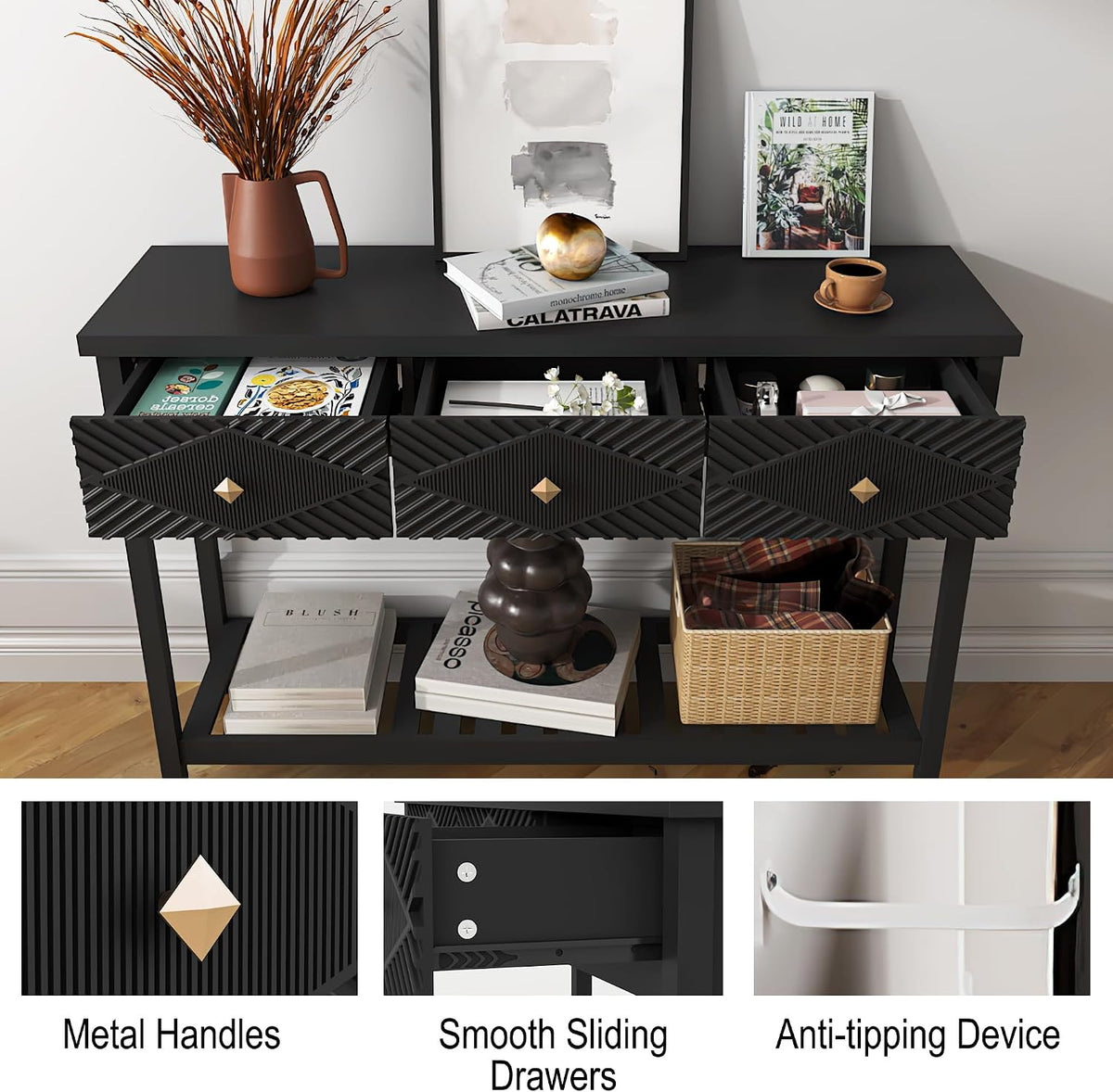 47" Console Table with 3 Drawers, Fluted Wood Entryway Table with Storage Shelf, Narrow Long Sofa Table Modern Behind Couch Accent Table for Living Room, Entryway, Hallway, Foyer