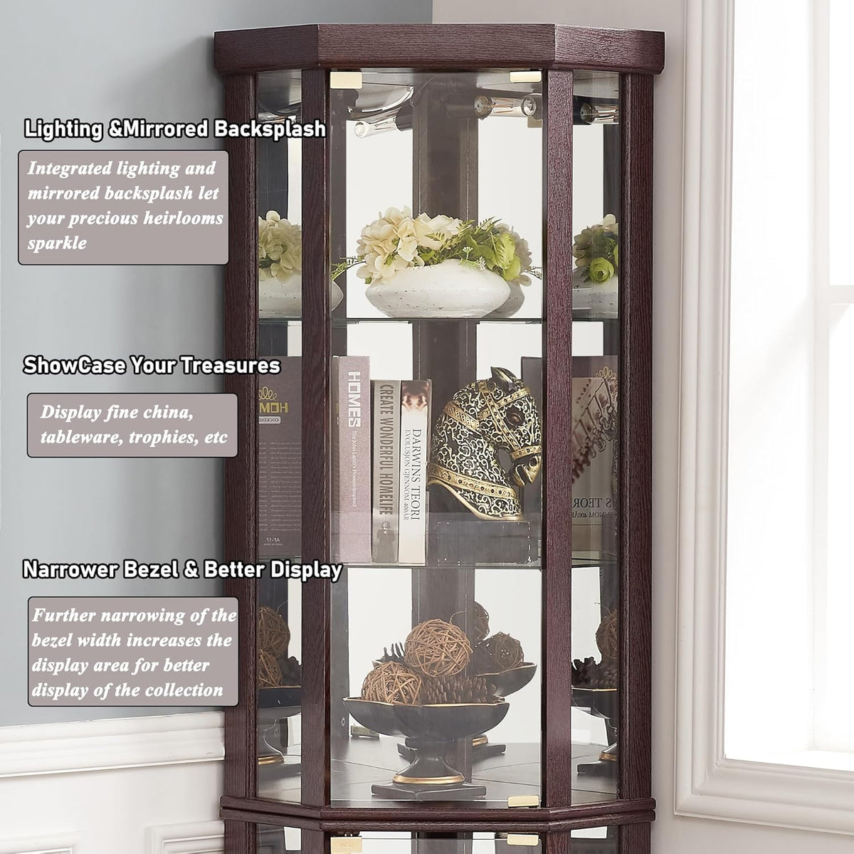 69" H Lighted Corner Curio Cabinet Display Case With Adjustable Shelves, Tempered Glass, Mirrored Back Panel for Living Room (Dark Cherry)