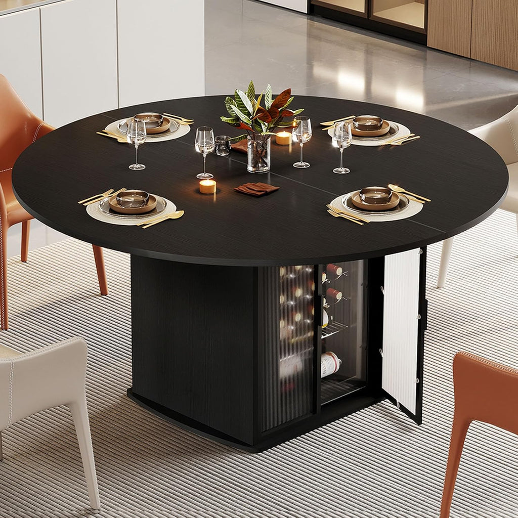 IBF Black Round Dining Table for 4-6, 47" Kitchen Table with Fridge Space, Modern Dining Room Tables with Storage, Industrial Wood Dinner Tables for Home Kitchen Living Room, Black Oak, Only Table