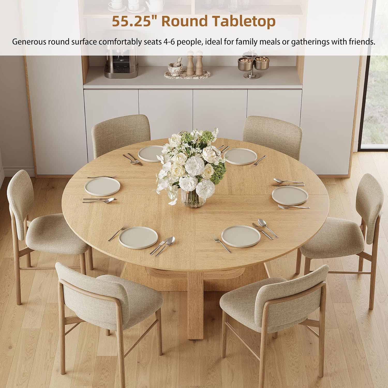 55.25" Round Dining Table for 4-6 People, Farmhouse Circle Kitchen Table with Geometric Base, Wooden Dinner Table for Dining Room Kitchen Living Room, Natural Oak