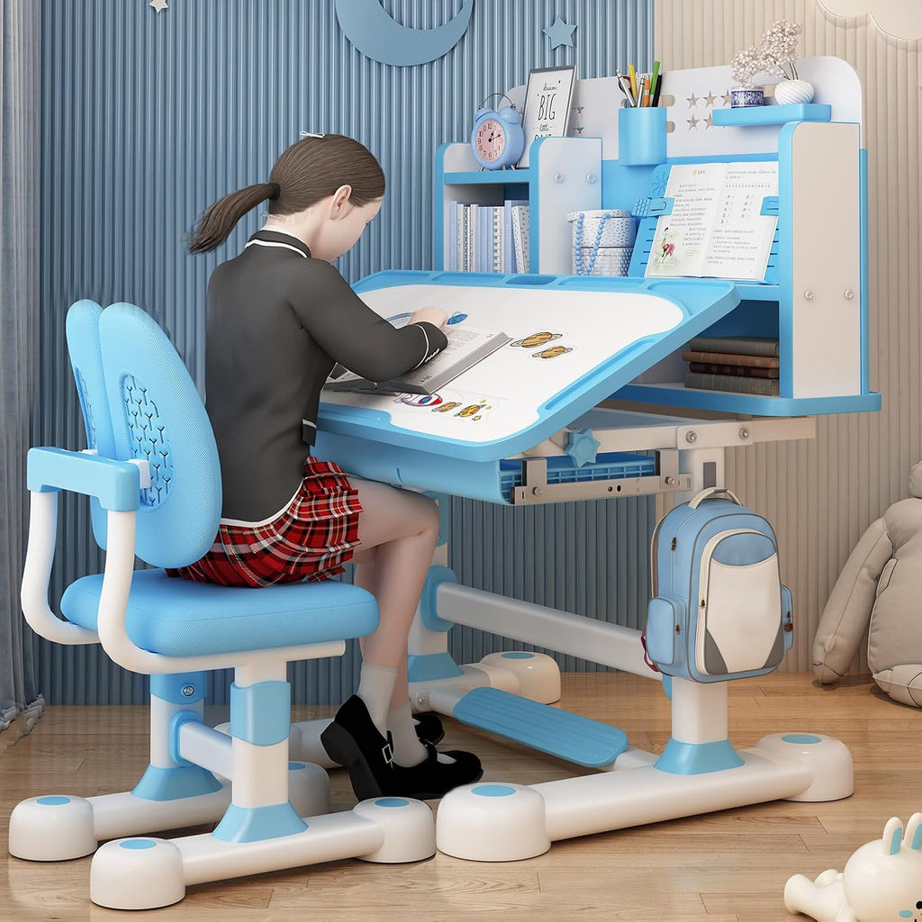 Kids Desk and Chair Set, 46" Study Desk with Bookstand & Storage | Adjustable Height Ergonomic Student Desk with Posture Corrector, Footrest for Children's Room (Pink, Blue) (Blue)