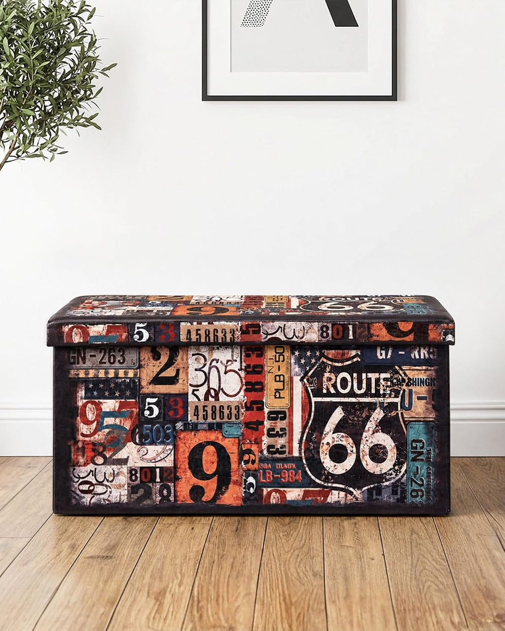 B FSOBEIIALEO Folding Storage Ottoman Bench, 30" Ottoman with Storage | Route 66 Faux Leather Foot Rest Chest Seat, Coffee Table, Storage Bench for Bedroom