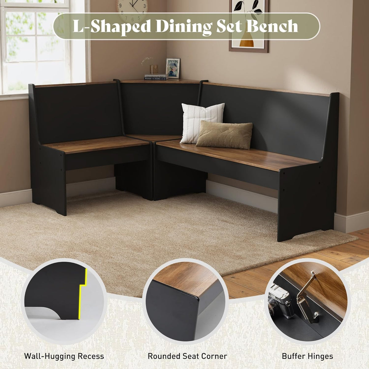 AMERLIFE 3-Piece Corner Dining Set with Hidden Storage, Black Oak | Dining Set for Small Spaces, Lift Up Storage Compartments, L Shaped Layout, Space Saving Furniture, Kitchen Dining Area