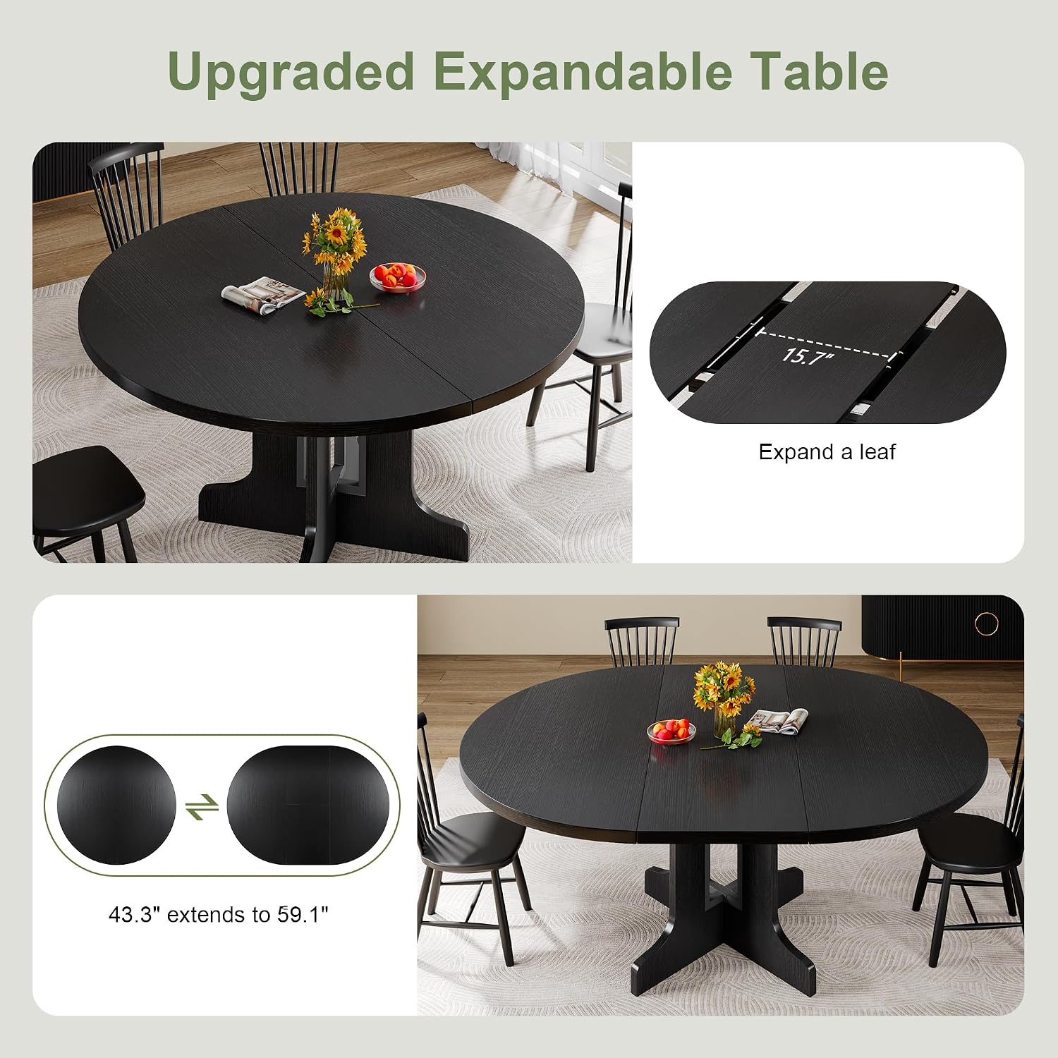 Feonase 43.3-59" Round Extendable Dining Room Table for 4-6, Modern Oval Kitchen Table with Heavy Duty Base, Dining Table for Kitchen Living Room, Easy Assembly, Noise-Free, Matte Black