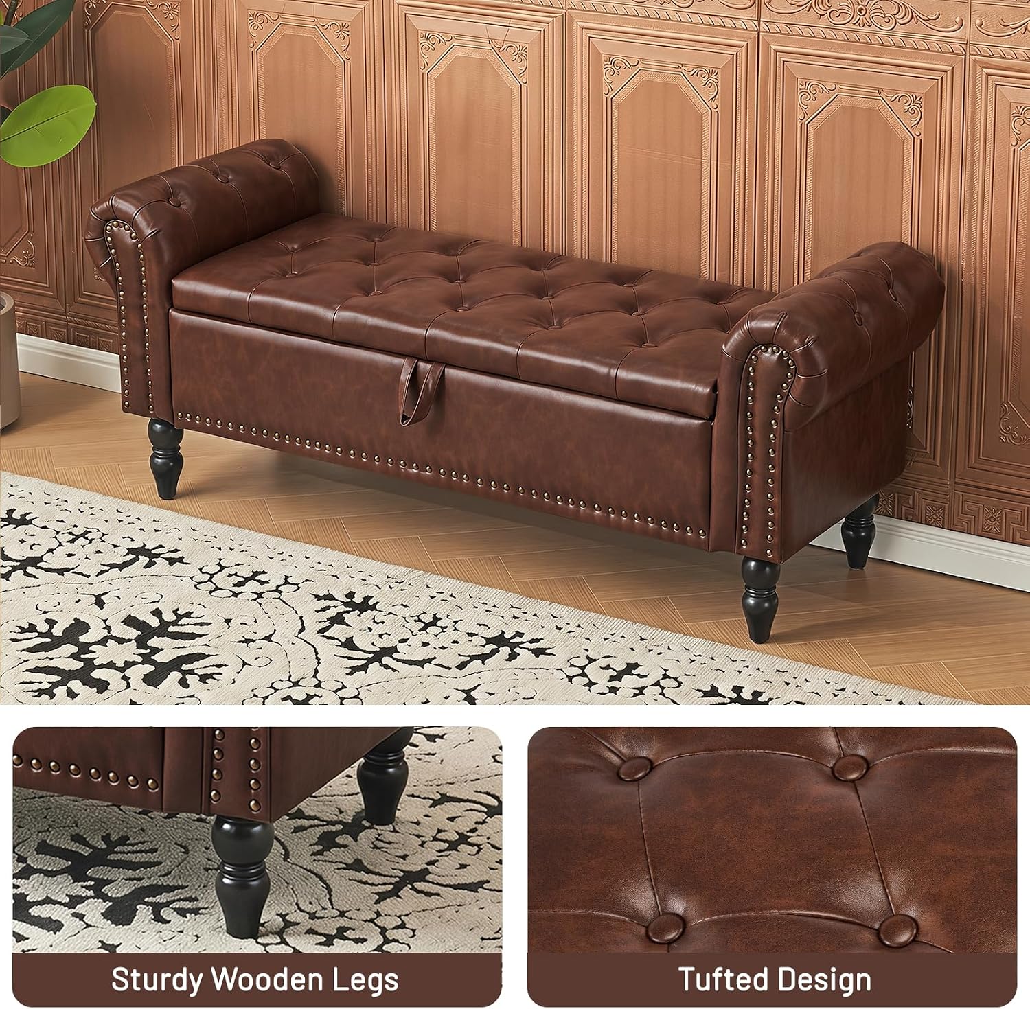 Furniliving 51” End of Bed Storage Bench, Bedroom Bench with Button-Tufted, Upholstered Storage Ottoman Benches Window Bench with Storage, Leather Bench for Living Room, Entryway, PU, Darkbrown