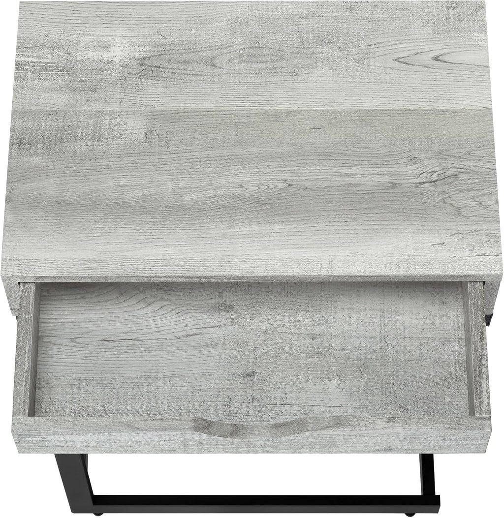 Accent Table, C-Shaped, End, Side, Snack, Storage Drawer, Living Room, Bedroom, Grey Laminate, Black Metal, Contemporary, Modern