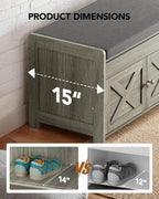 Amada Farmhouse Shoe Storage Bench with Cushion, 3 Doors & Lift-Top Storage, Adjustable Shelves, 300 lbs Capacity Entryway Bench for Bedroom, Living Room, Wash Grey