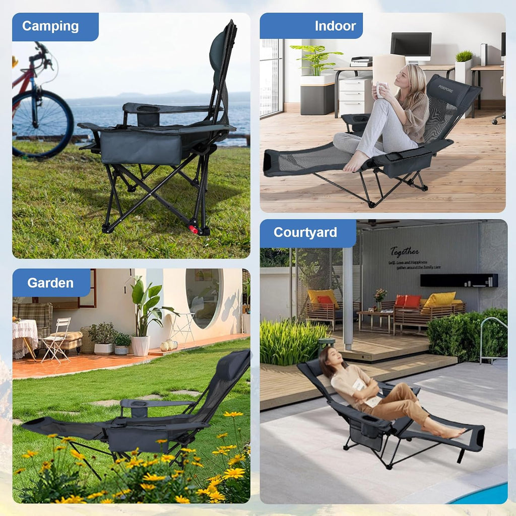 Reclining Camping Chair 4 Position with Foot Rest Comfortable for Adults 265Ibs Folding Lounger Mesh Beach Chair with Cooler Bag and Cup Holder for Outdoor Patio