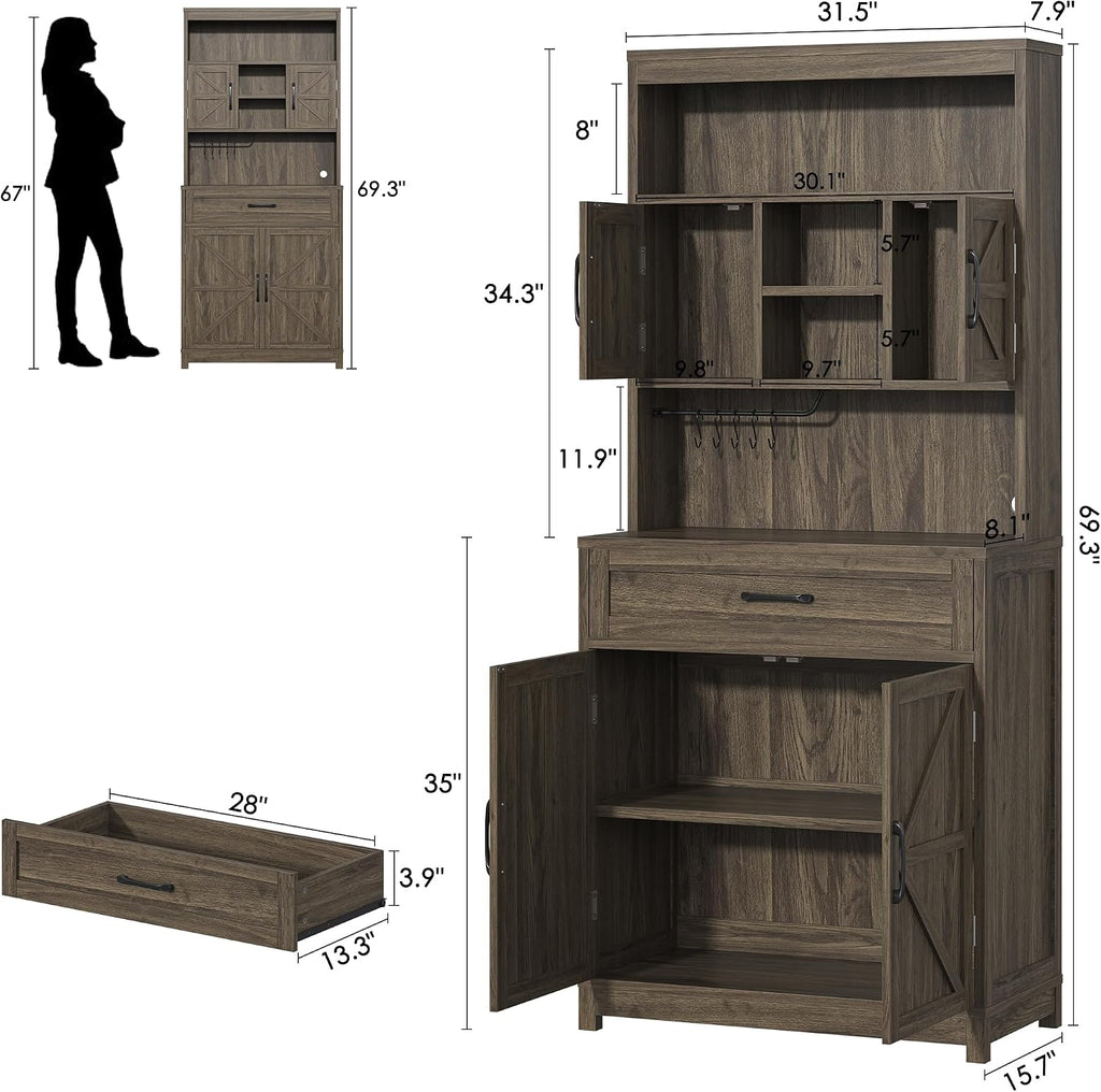 kepptory 69" Farmhouse Pantry Cabinet with Large Drawer, Tall Kitchen Pantry Storage Cabinet with Microwave Stand, Cup Holder and Adjustable Shelf, Kitchen Hutch for Dining Room (Grey)