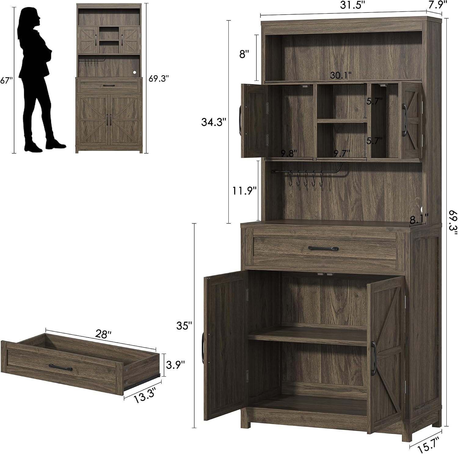 kepptory 69" Farmhouse Pantry Cabinet with Large Drawer, Tall Kitchen Pantry Storage Cabinet with Microwave Stand, Cup Holder and Adjustable Shelf, Kitchen Hutch for Dining Room (Grey)