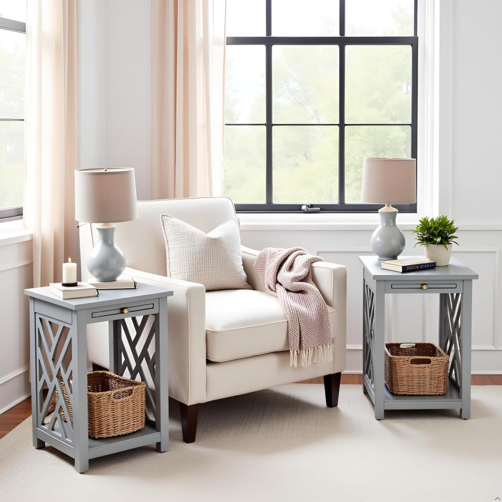 Alaterre Furniture Coventry 2-Pack Wood End Tables – Compact Side Tables with Pull-Out Tray, Bottom Shelf, and Open Square Side Panels – Easy Assembly Storage Tables for Living Room or Bedroom (Gray)