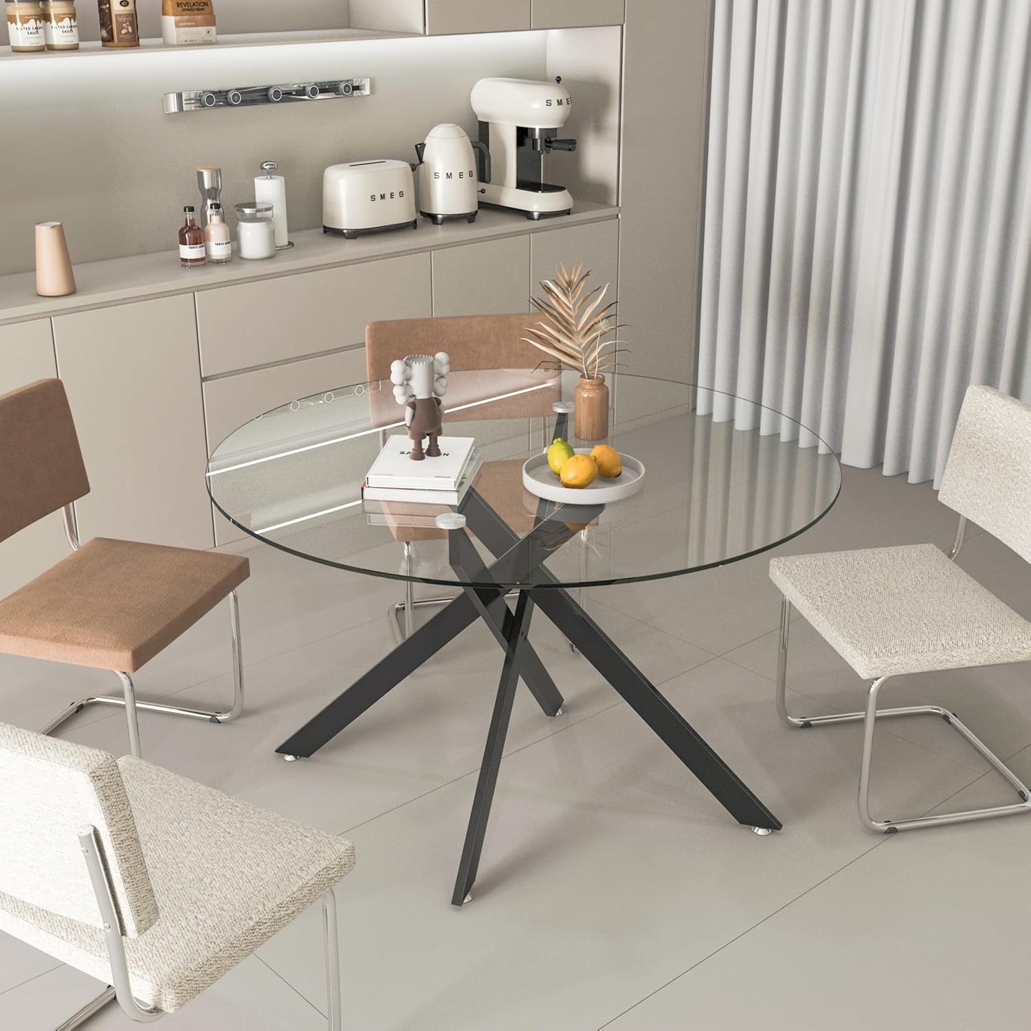HomVent 47-inch Round Glass Dining Table for 4, Round Glass Kitchen Table with Metal Legs, Circle Dining Room Table for Space-Saving Kitchen Living Room
