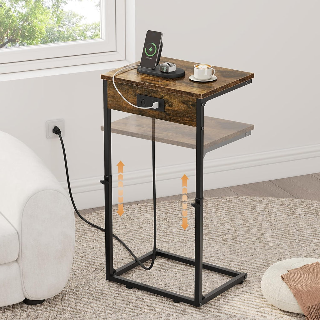 Vagusicc C Shaped End Table with Charging Station, Adjustable Height Side Table for Couch, Small Side Table, 33.2'' Tall Couch Tables that Slide Under, Tv Tray End Table for Living Room, Rustic Brown