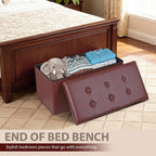 LEMY 30 Inches Folding Ottoman Storage Bench, Foot Rest Stool with Wooden Divider&Large Storage Space, Leather Footstool Bench, Padded Seat for Bedroom, Living Room (Brown, 15" D x 30" W x 15" H)