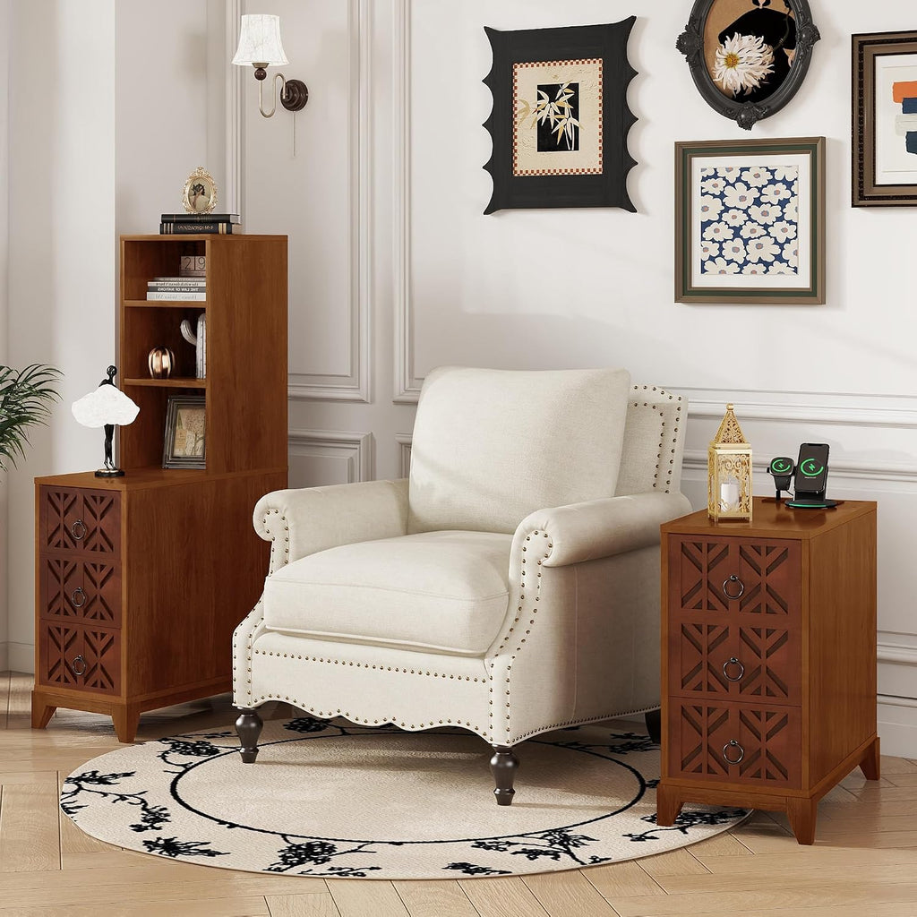 End Table with 3 Drawers and 2 Open Shelves, Walnut Finish Corner Table for Bedroom