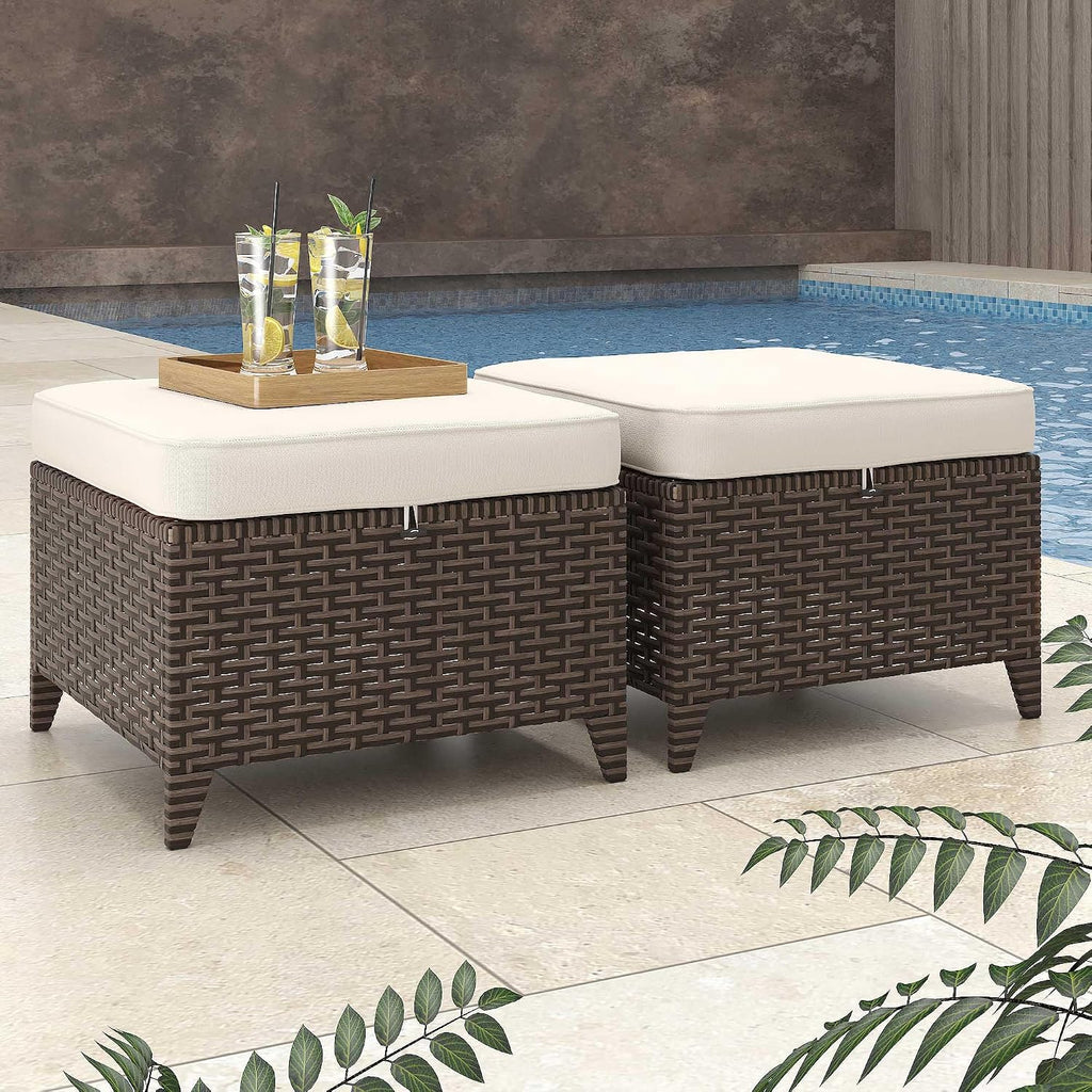 Patio Ottomans 2 Pieces, Outdoor 22" x 22" PE Wicker Ottoman with Removable Waterproof Cushions, All Weather Rattan Foot Stool Furniture for Deck, Porch, Backyard, Balcony, Poolside