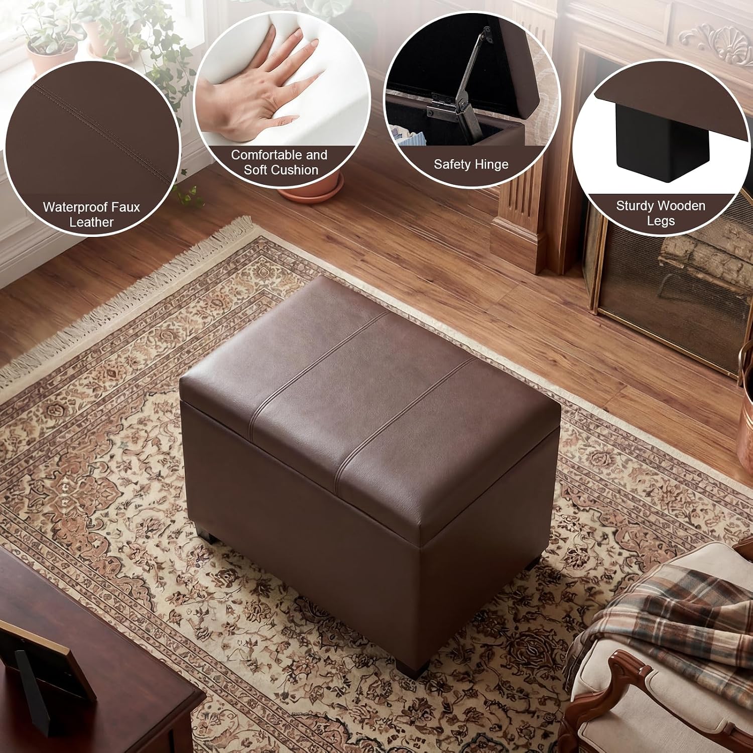 Joveco 24" Leather Storage Ottoman Bench, Rectangle Foot Rest Stool for Living Room, Bedroom, Entryway, Brown