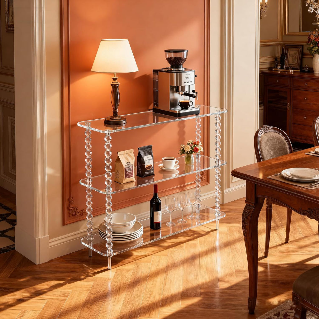 Acrylic Clear Console Table for Entryway, 3-Tier Sofa Table Bookshelf, Low Bookcase with Open Storage Shelves, (Clear, 31.5"×11.8“×28.6”)