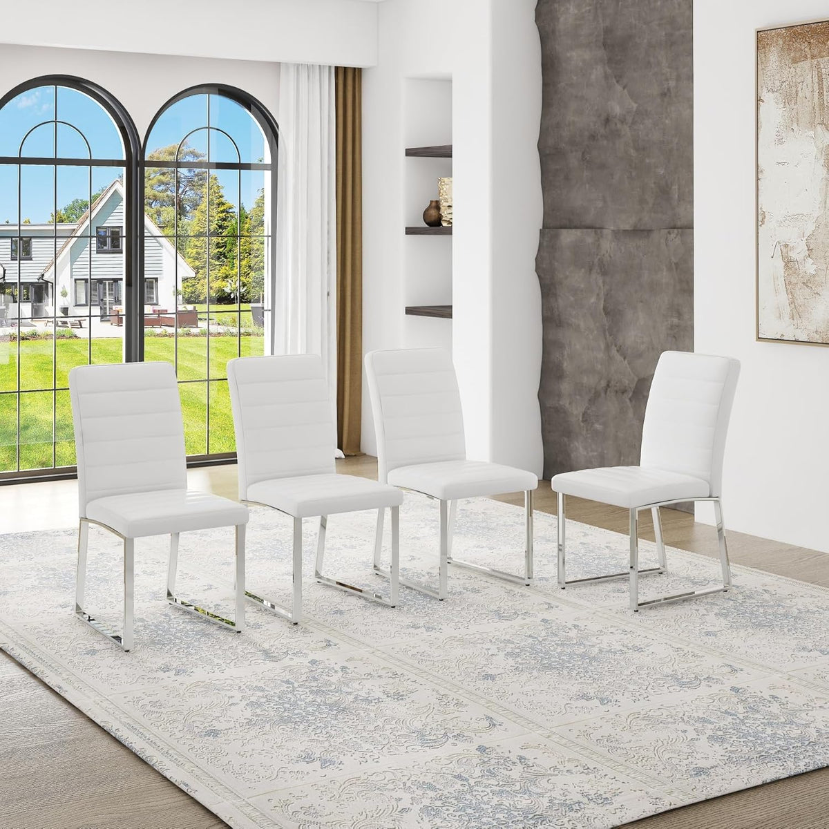 Modern Dining Chairs Set of 4, White Faux Leather Kitchen Chairs, Upholstered Armless Dining Room Chair with Silver Mental Legs Heavy Duty, Comfortable (White Chairs, Set of 4)