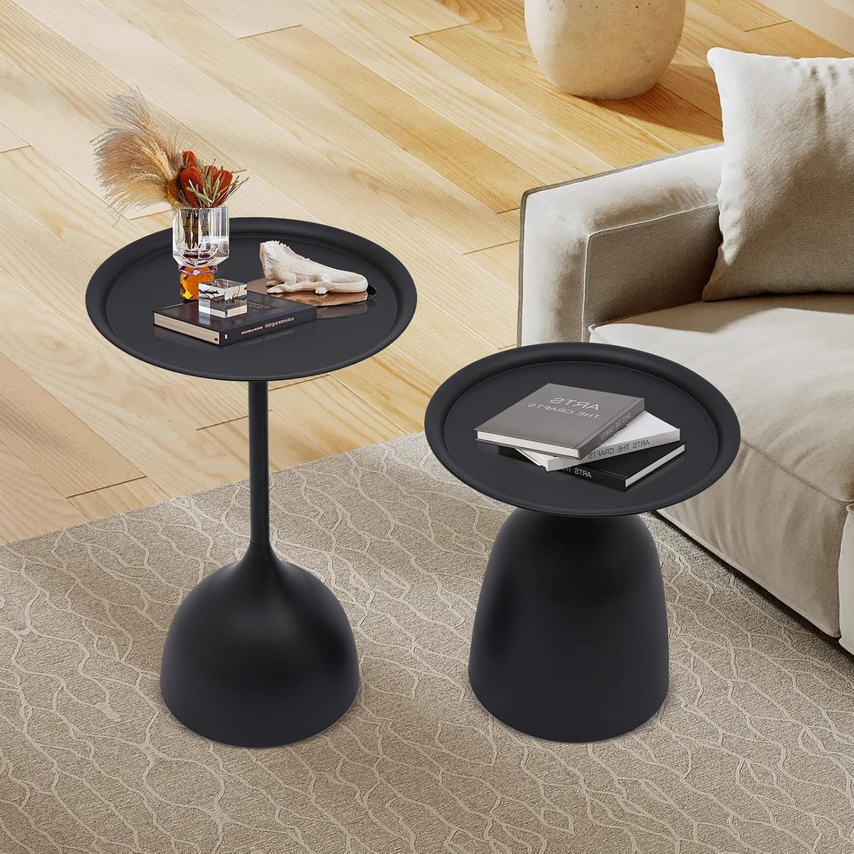 Set of 2 Round Nesting Side Tables, Modern Matte Black Metal End Tables with Raised Edge, 16.9 & 23.6 Inch Height Nightstand for Living Room, Bedroom - Easy Assembly