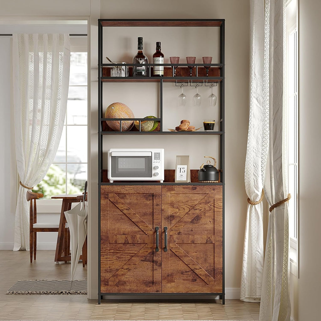 71" Tall Bar Cabinet with Wine Rack & Storage Shelves, 3-Tier Freestanding Backers Rack with Barn Door, Metal Structure Coffee Bar Table for Kitchen Dining Room, Retro Color
