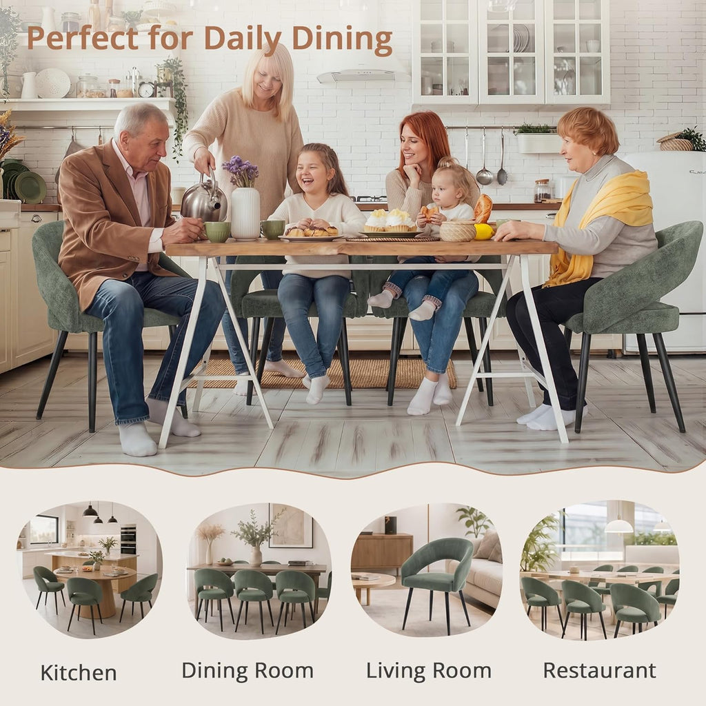 LUE BONA Modern Dining Chairs Set of 4, Upholstered Armrest Side Chairs for Kitchen & Dining Room, 18.5" Seat Height, Comfortable Curved Hollow Backrest, Black Metal Legs, Easy Assembly, Grayish Green