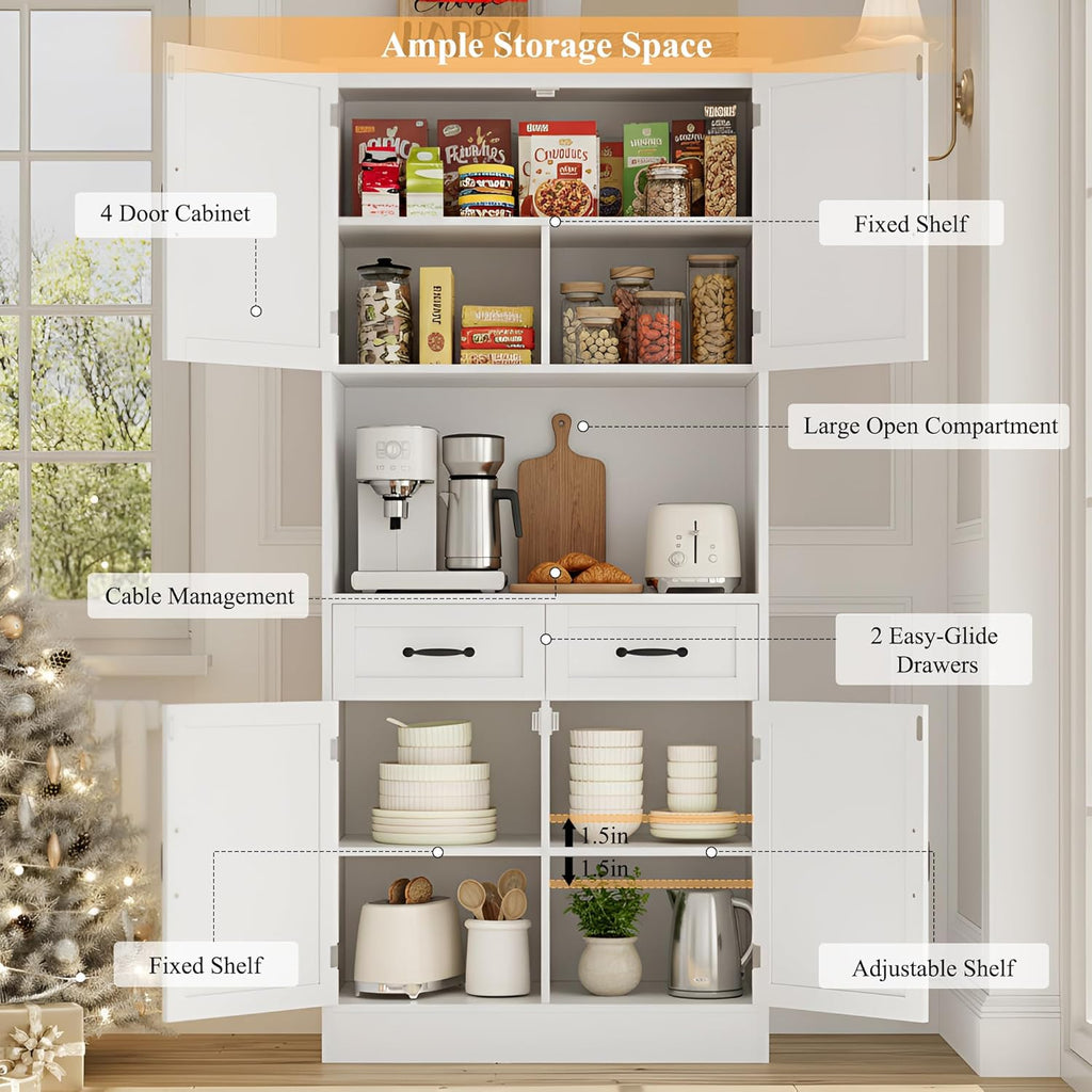 HOSTACK 71" Tall Kitchen Pantry Storage Cabinet, Wood Kitchen Hutch, White | Modern Pantry Cabinet with Microwave Stand, Hutch Cabinet with Countertop & Drawers, Storage Cabinet for Living Room