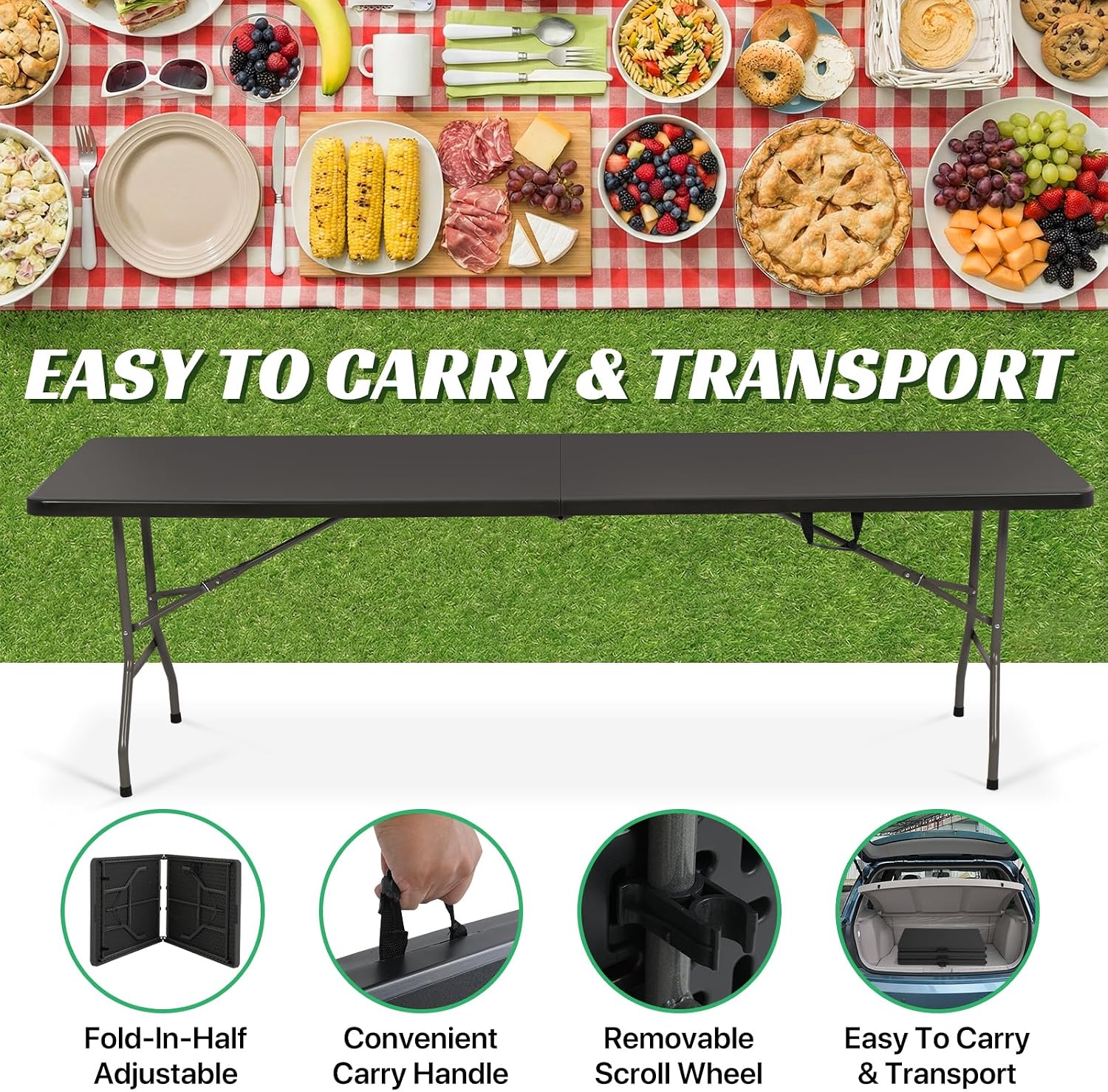 8Ft Folding Table Plastic Portable with Built in Handle & Steel Legs Black | 500LBS Capacity Portable Handle and Non-Slip Feet Indoor Outdoor Perfect for Parties, Dining, Weddings, Camping and BBQ