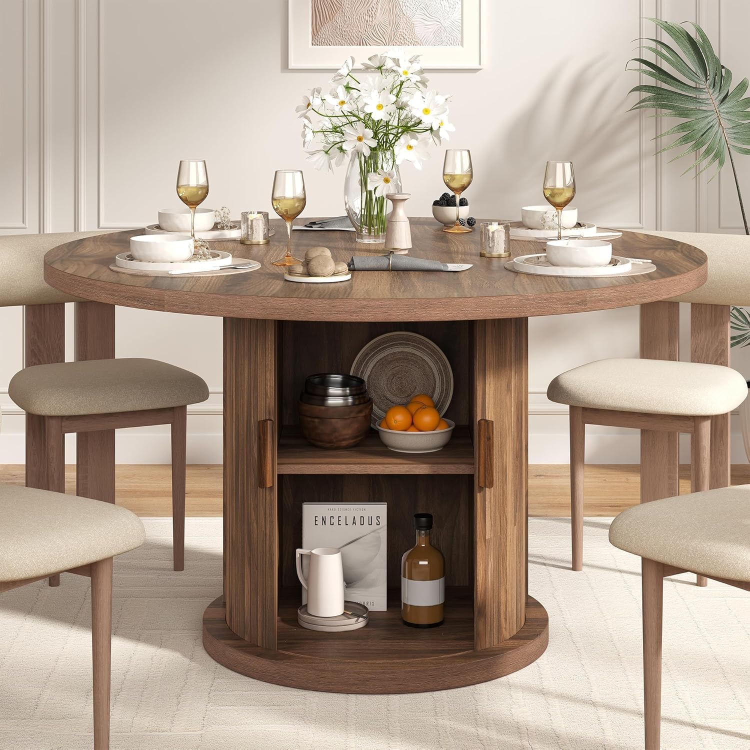 47.24" Round Dining Table for 4, Farmhouse Fluted Kitchen Tables Dining Room Circle Dinner Table, Modern Wood Kitchen & Dining Room Tables