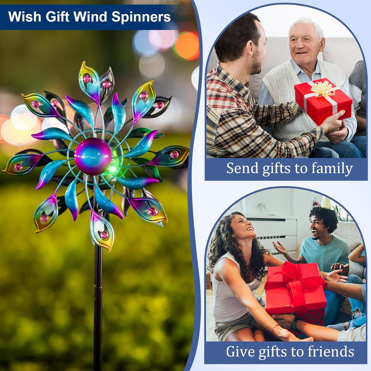 360°Peacock Solar Wind Spinner with Lights Blue Metal Garden Outdoor Decor Yard Lawn Art Decor for Patio Kinetic Windmills Unique Gifts for Friends and Family 51.9' H x 12.2'' Dia