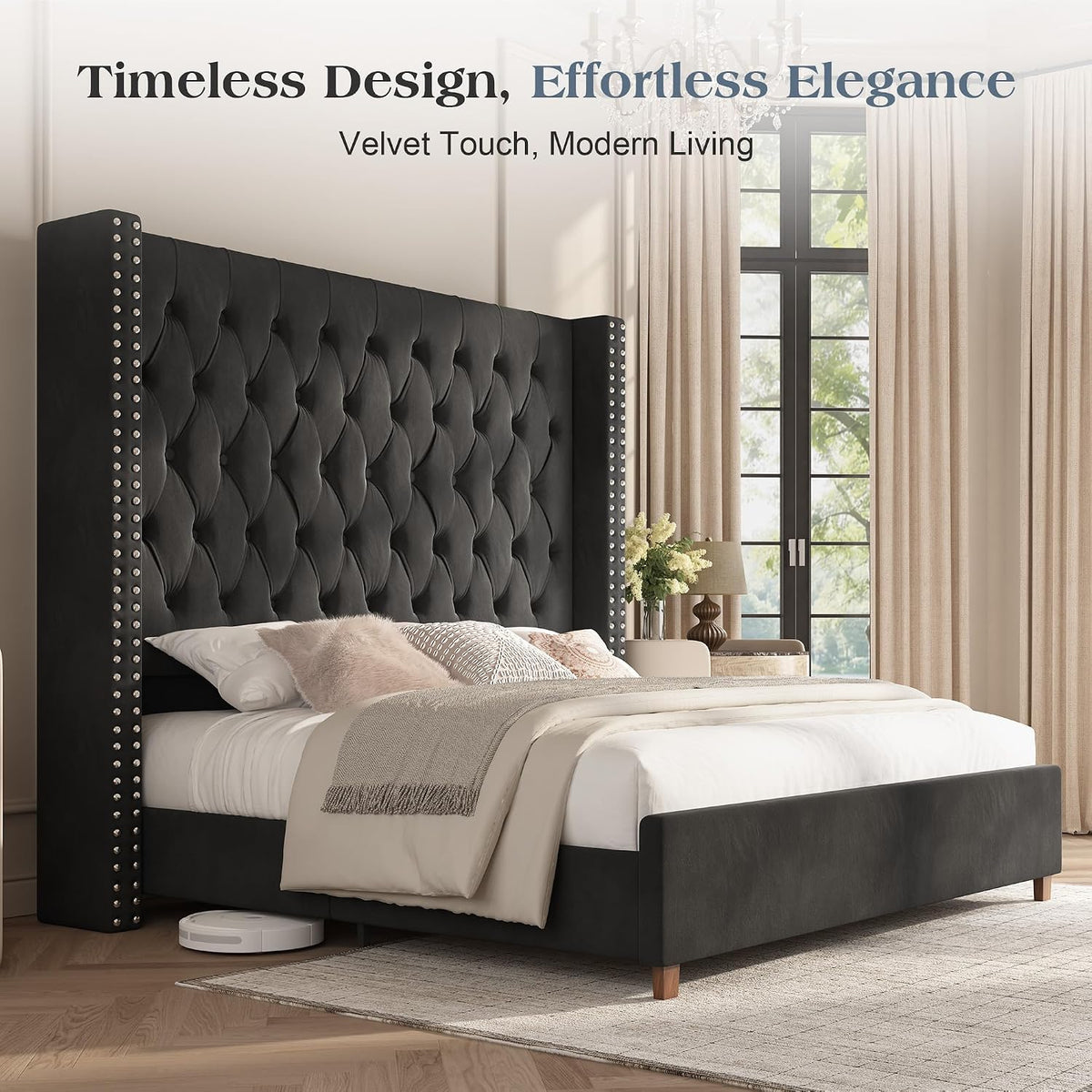 PaPaJet King Bed Frame 61.4" Tall Upholstered Wingback Headboard, Black