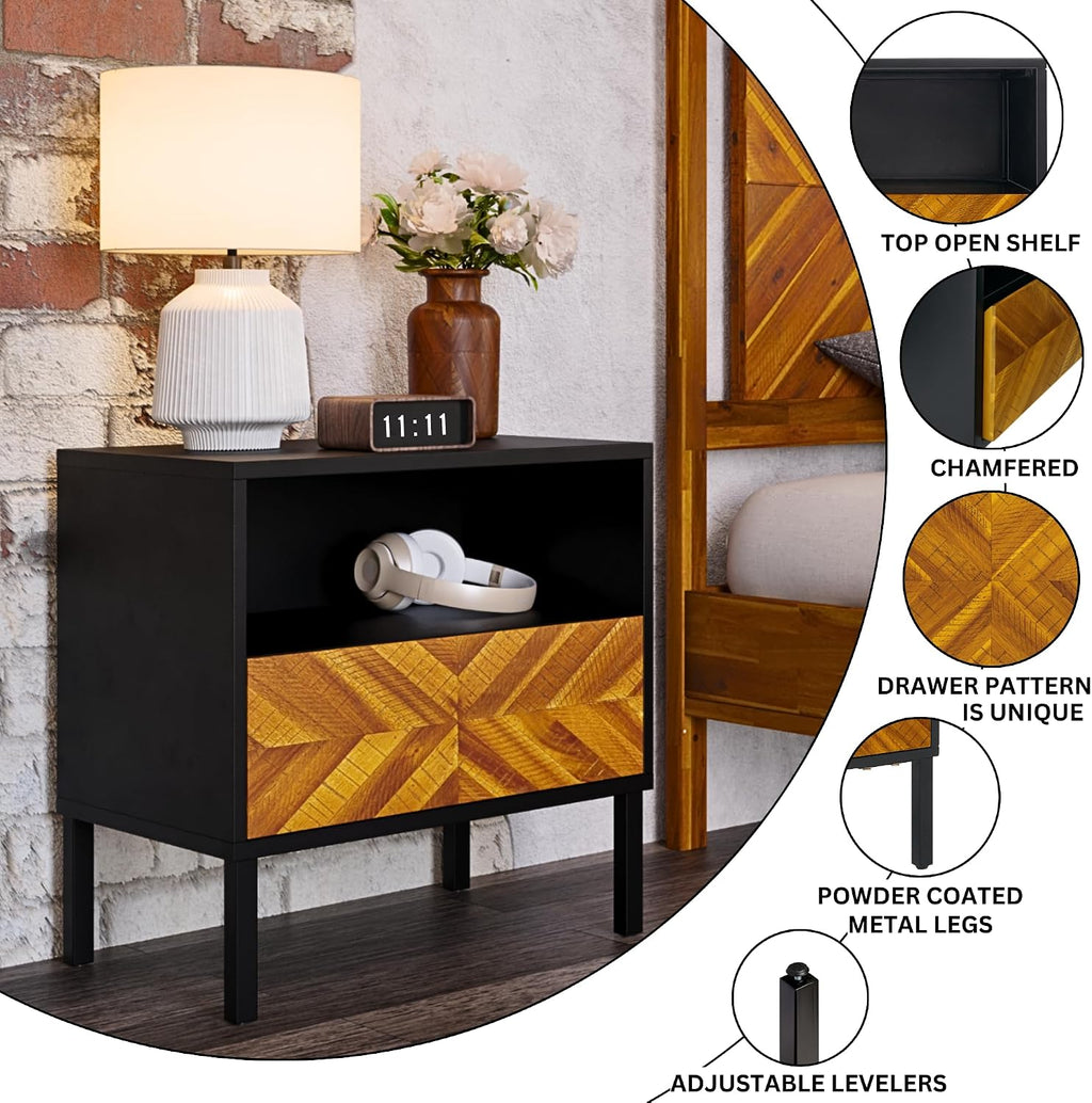 Bme Vivian Solid Wood Nightstand, End Table, Bedside Table with Herringbone Pattern for Rustic Bedroom, Easy Assembly, Rustic Golden Brown and Black