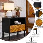 Bme Vivian Solid Wood Nightstand, End Table, Bedside Table with Herringbone Pattern for Rustic Bedroom, Easy Assembly, Rustic Golden Brown and Black