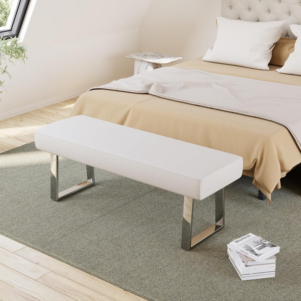 JIEXI 45.3" Upholstered PU Leather Bedroom Bench Footstool with Metal Legs | Sturdy Silver Plated Chrome Legs, Padded Seat, Space Saver, for Bedroom Entryway Living Room Window