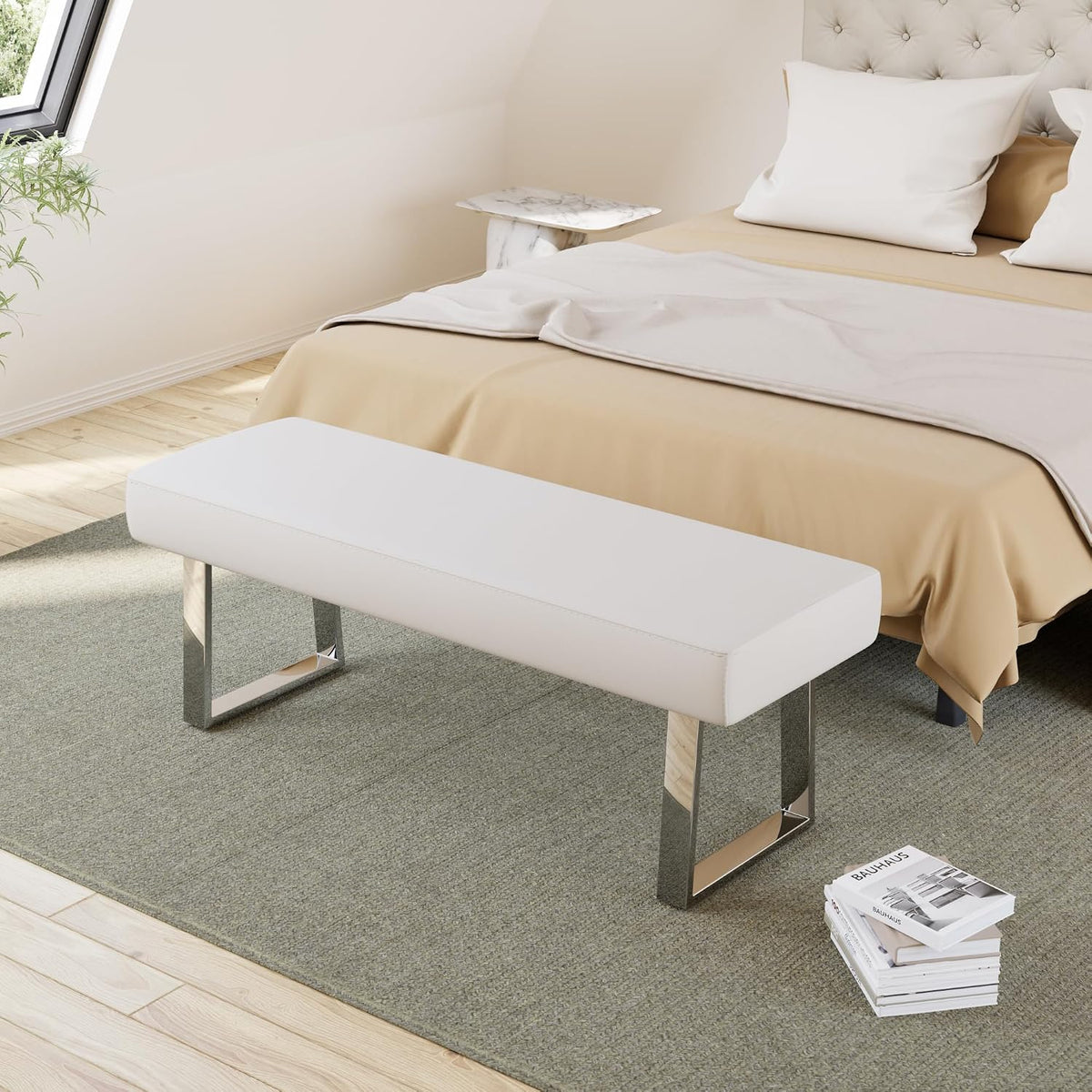 JIEXI 45.3" Upholstered PU Leather Bedroom Bench Footstool with Metal Legs | Sturdy Silver Plated Chrome Legs, Padded Seat, Space Saver, for Bedroom Entryway Living Room Window