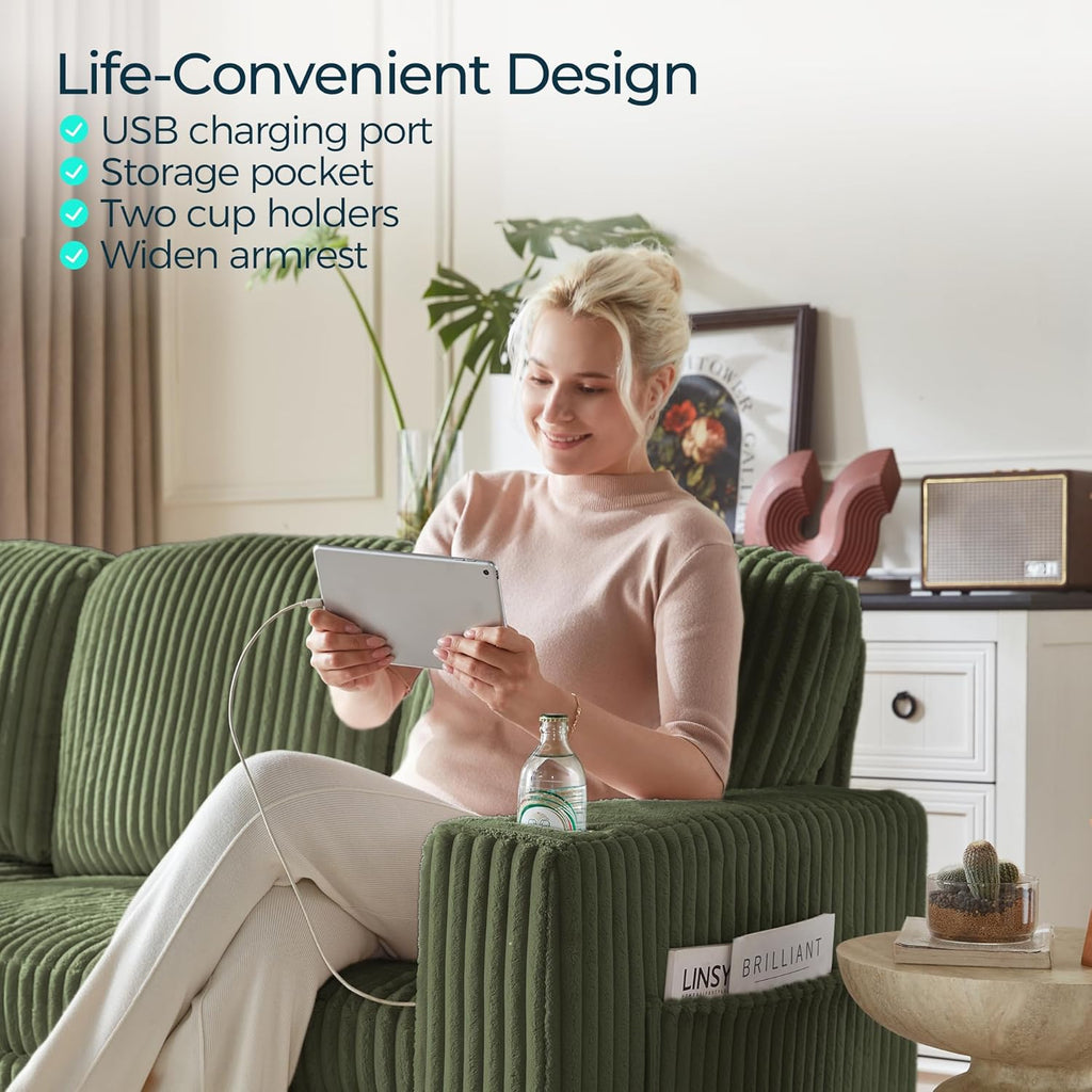 LINSY HOME Sectional Sleeper Sofa Pull Out Couches for Living Room (Green, Sleeper Sofa 1) | Pull Out Sofa Bed, Storage, USB Charging, Cup Holders, Plush Corduroy
