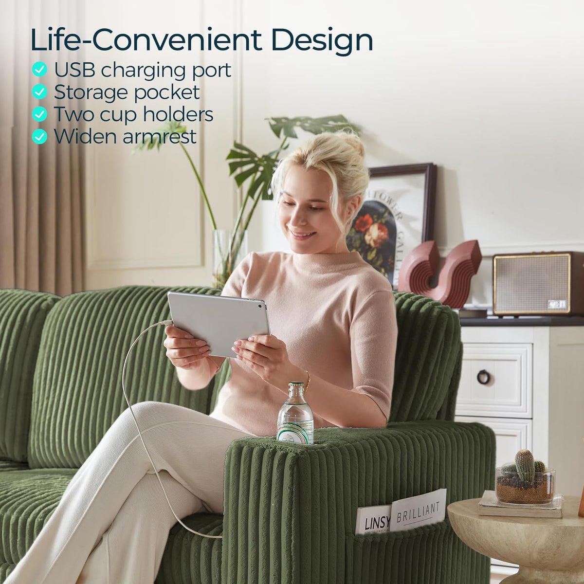 LINSY HOME Sectional Sleeper Sofa Pull Out Couches for Living Room (Green, Sleeper Sofa 1) | Pull Out Sofa Bed, Storage, USB Charging, Cup Holders, Plush Corduroy