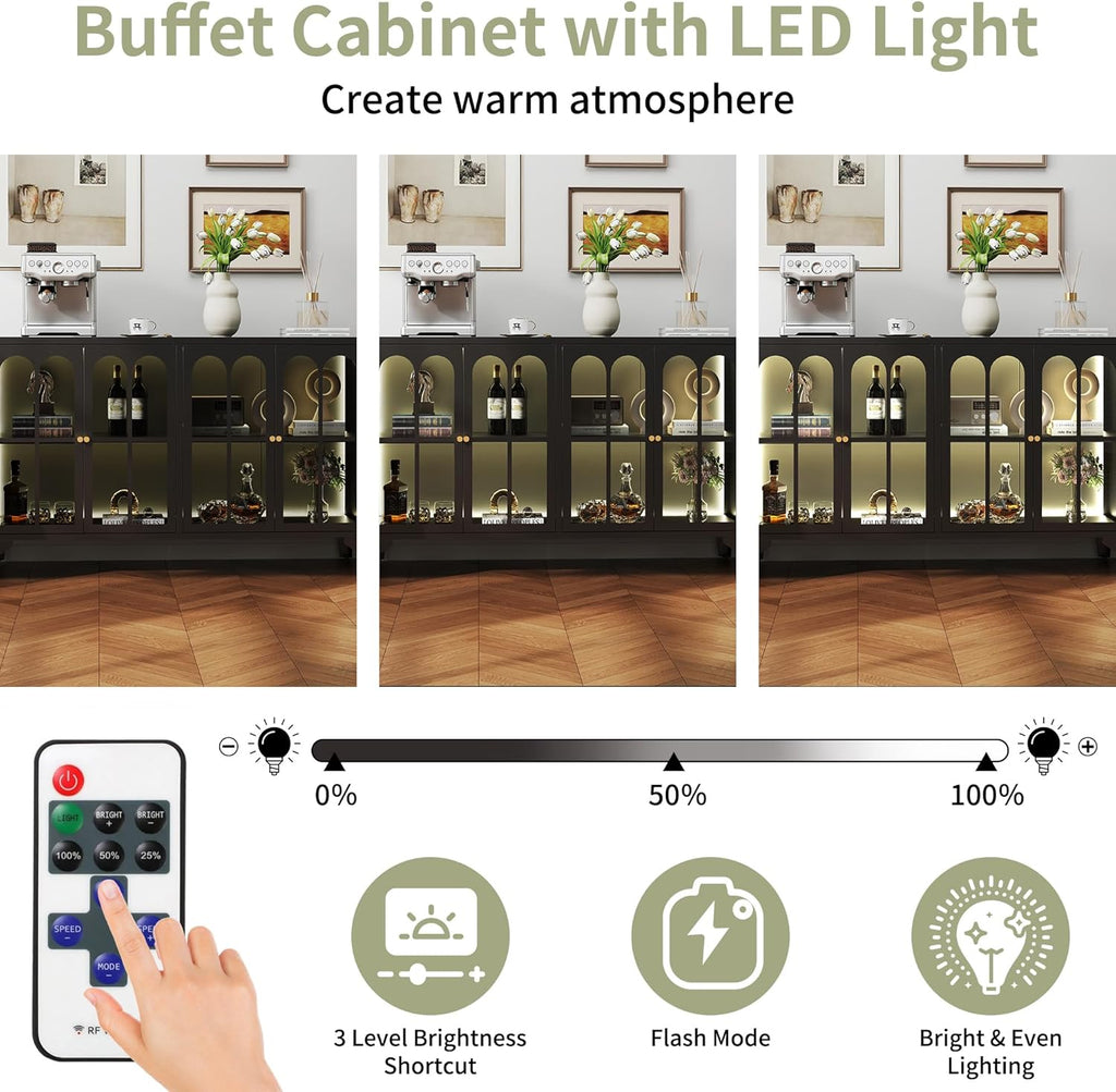 Foreate Sideboard Buffet Cabinet with Glass Door & LED Light, 53.2" Large Buffet Cabinet with Storage & Adjustable Shelf, Farmhouse Sideboard Credenzas Metal Kitchen Buffet, Black