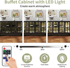 Foreate Sideboard Buffet Cabinet with Glass Door & LED Light, 53.2" Large Buffet Cabinet with Storage & Adjustable Shelf, Farmhouse Sideboard Credenzas Metal Kitchen Buffet, Black