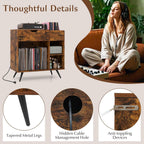LOKO Record Player Stand with Charging Station, Vinyl Record Holder with Removable Divider, Industrial Turntable Display Stand, Record Storage Table Cabinet for Living Room, Bedroom, Rustic Brown
